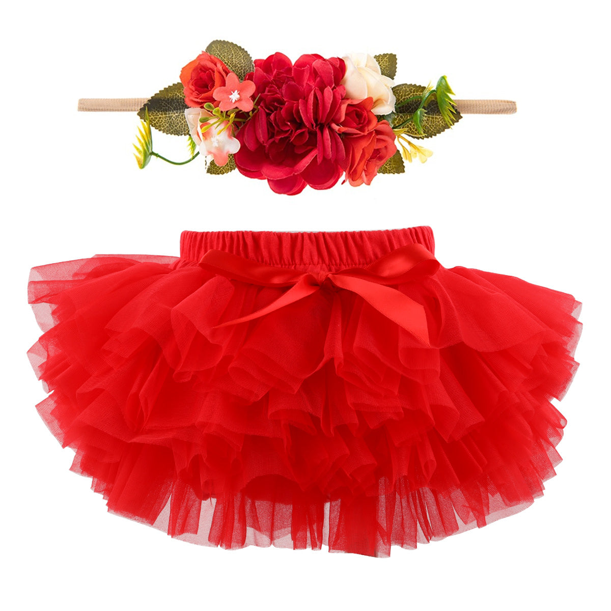 Baby Girls Super Soft Fluffy Red Tutu Skirt and Headband Set with Diaper Cover