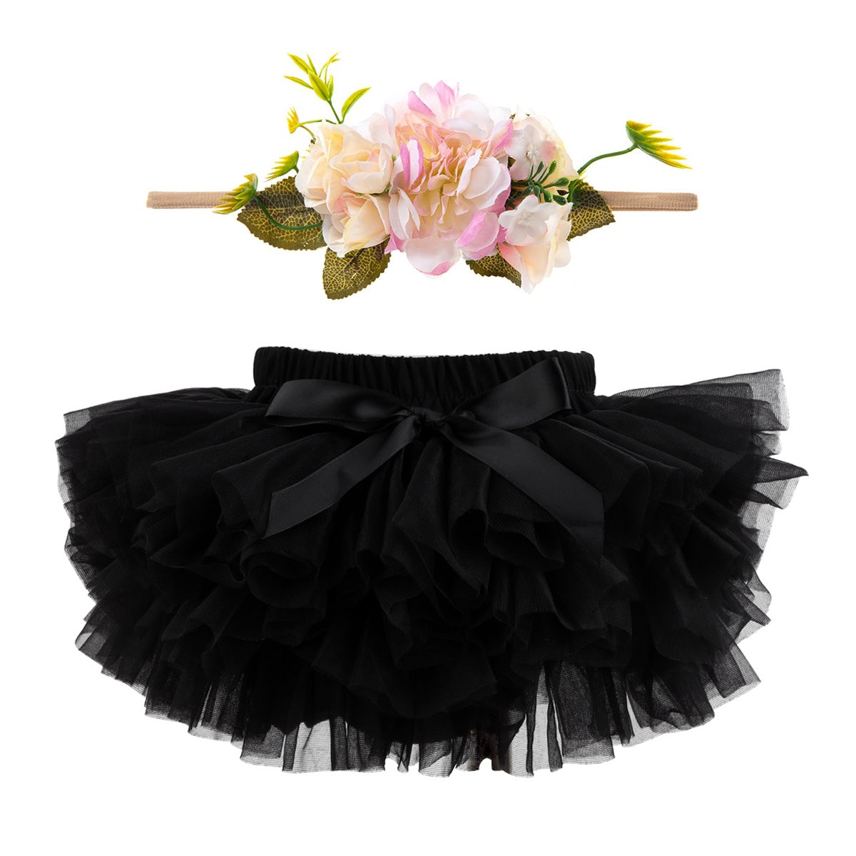 Baby Girls Super Soft Fluffy Black Tutu Skirt and Headband Set with Diaper Cover