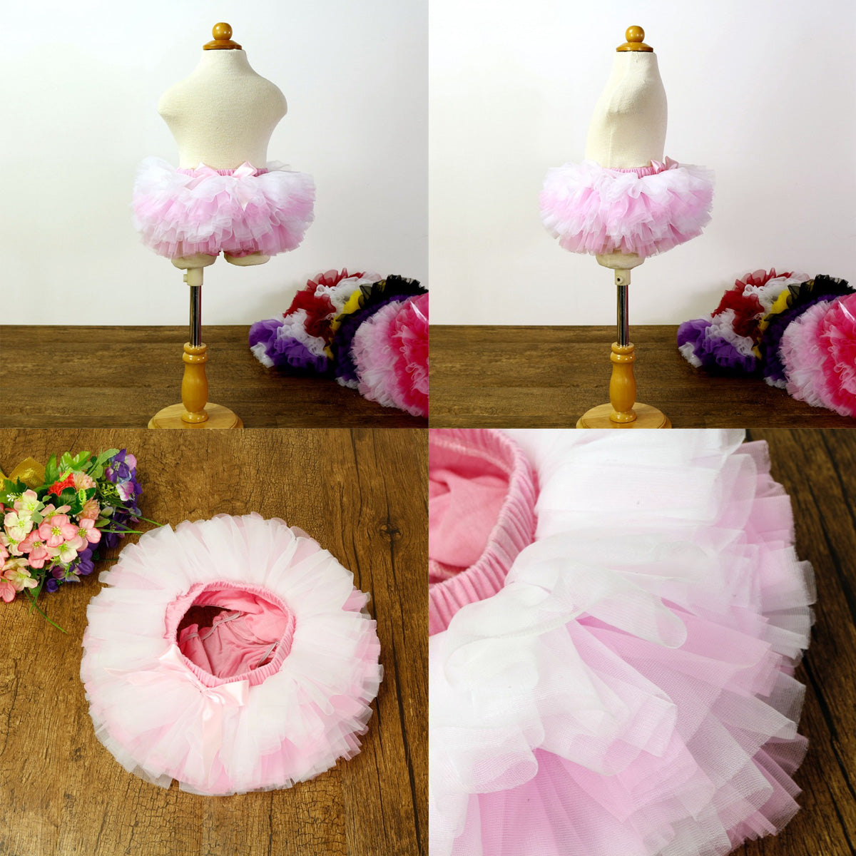 Baby Infant Girls Fluffy Soft Tutu Skirt (Skort) and Headband Suit - Pink - White
