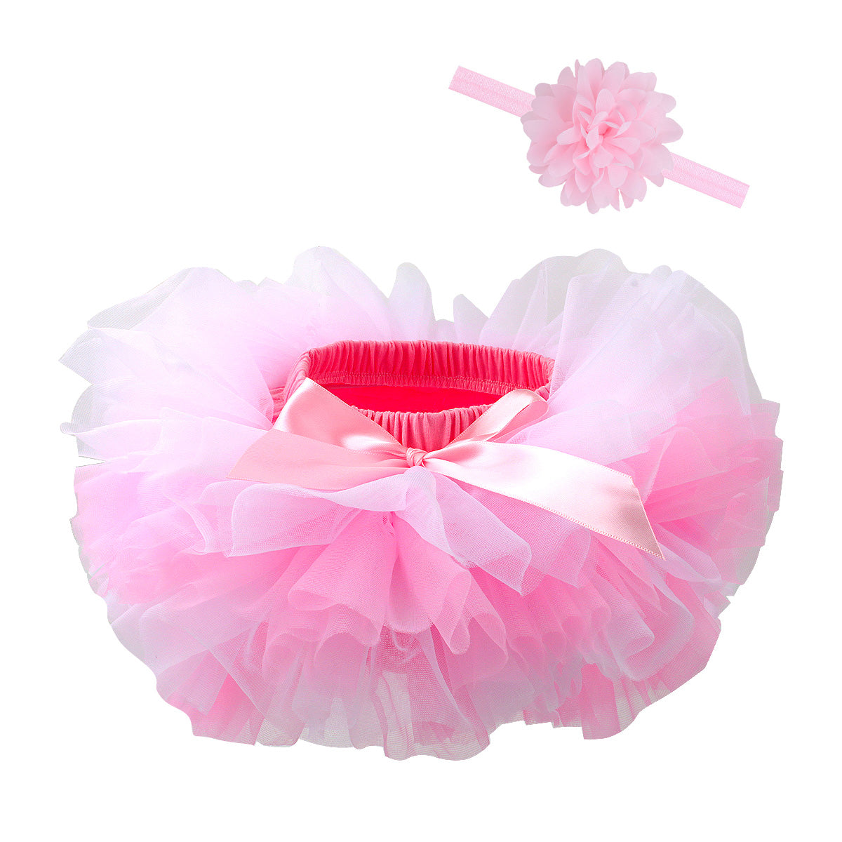 Baby Infant Girls Fluffy Soft Tutu Skirt (Skort) and Headband Suit - Pink - White