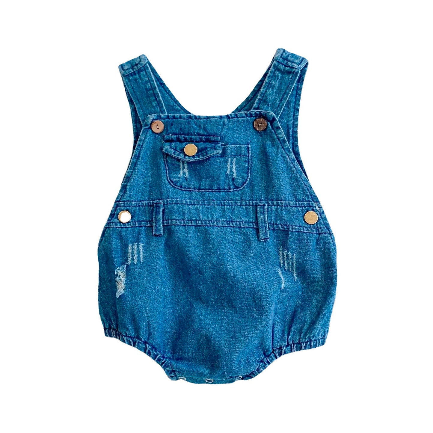 Baby Boy or Girl Scratch Denim Straps Bodysuit Infant Cotton Jeans Romper with Pocket