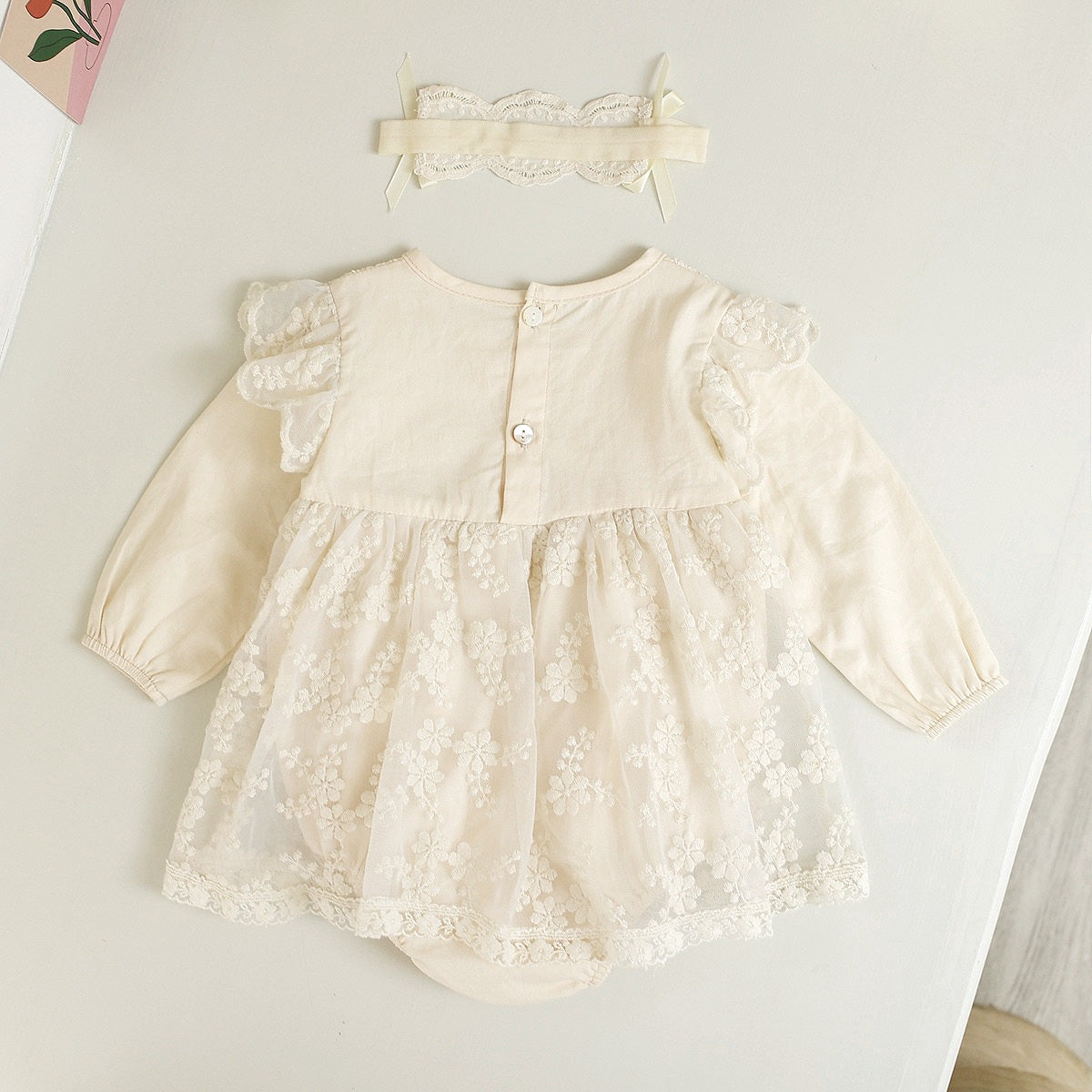 Baby Infant Girls' Lace Beige Bodysuits Dress with Headband