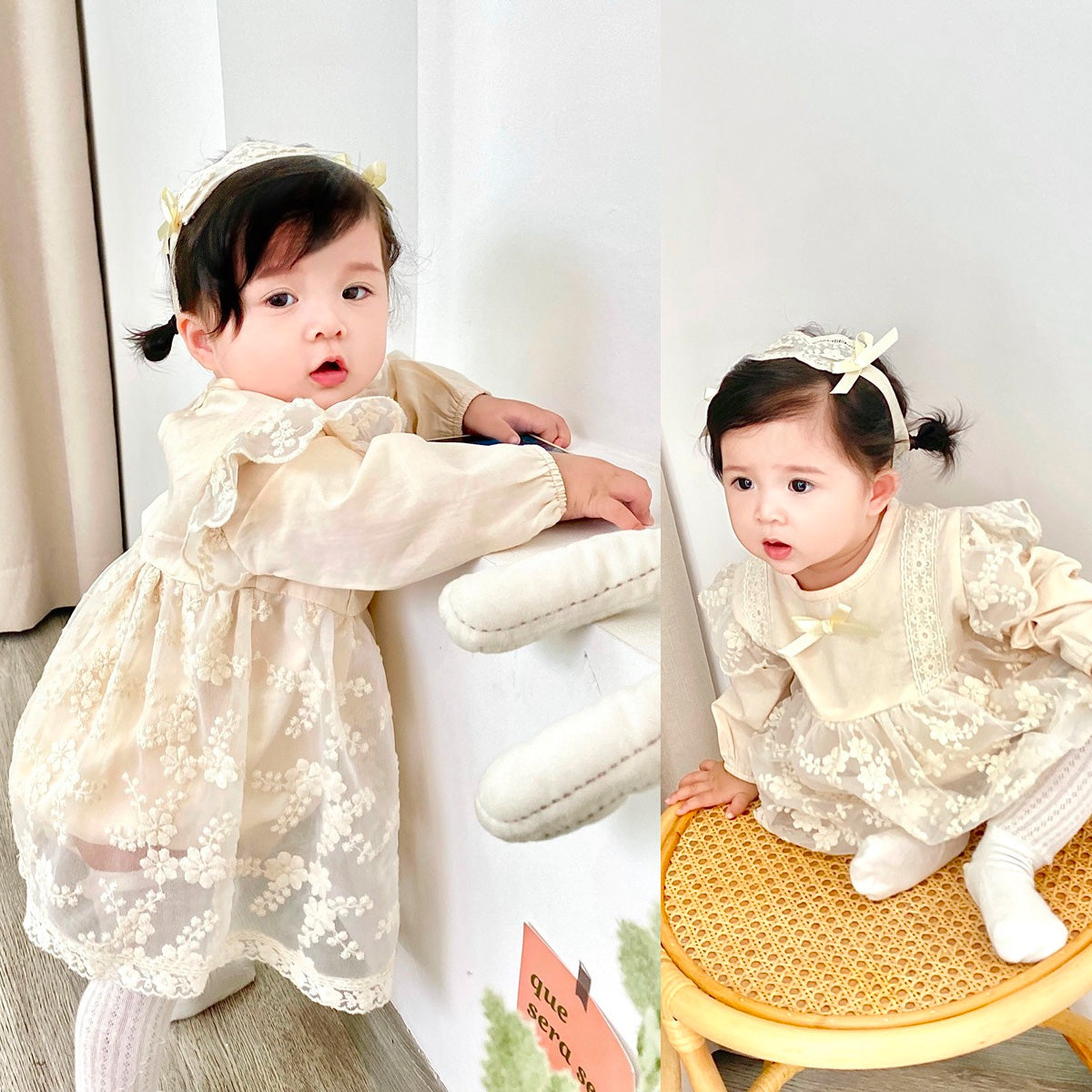 Baby Infant Girls' Lace Beige Bodysuits Dress with Headband
