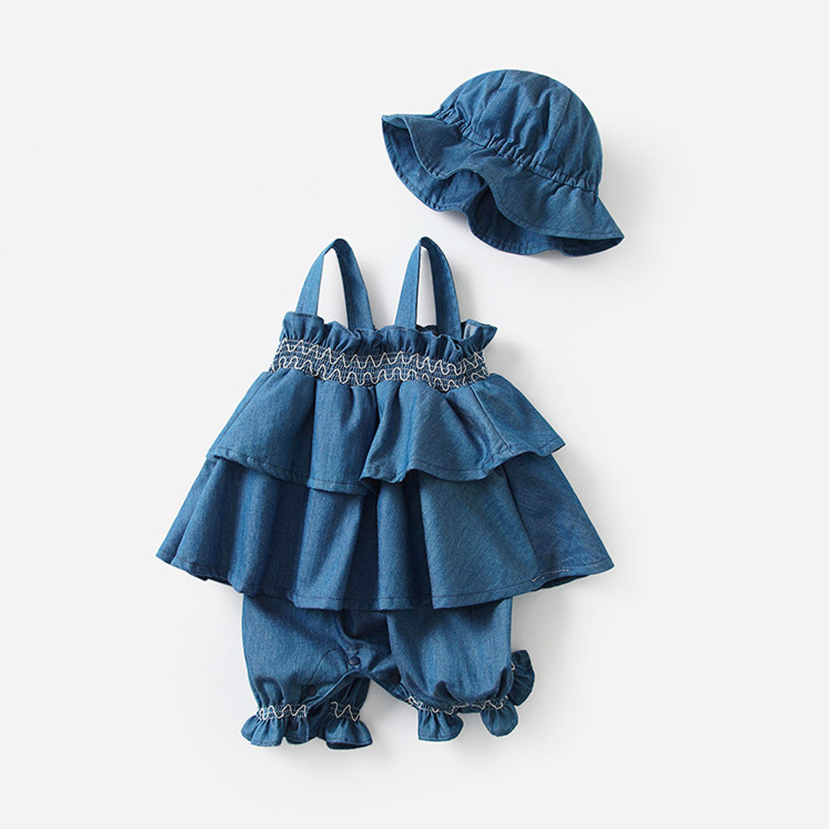 Baby Infant Girls Cotton Denim 2PCS Ruffles Slip Romper Dress and Bucket Hat Set