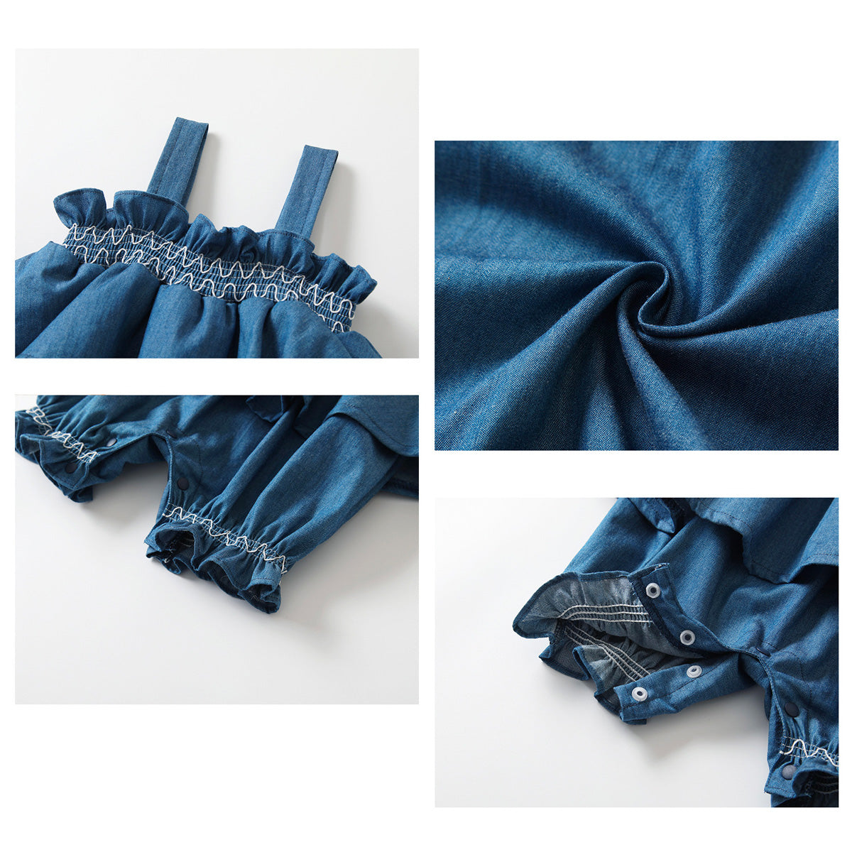 Baby Infant Girls Cotton Denim 2PCS Ruffles Slip Romper Dress and Bucket Hat Set
