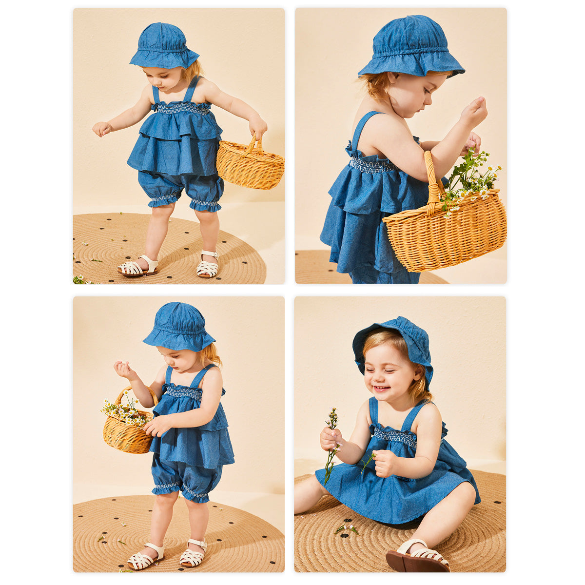 Baby Infant Girls Cotton Denim 2PCS Ruffles Slip Romper Dress and Bucket Hat Set