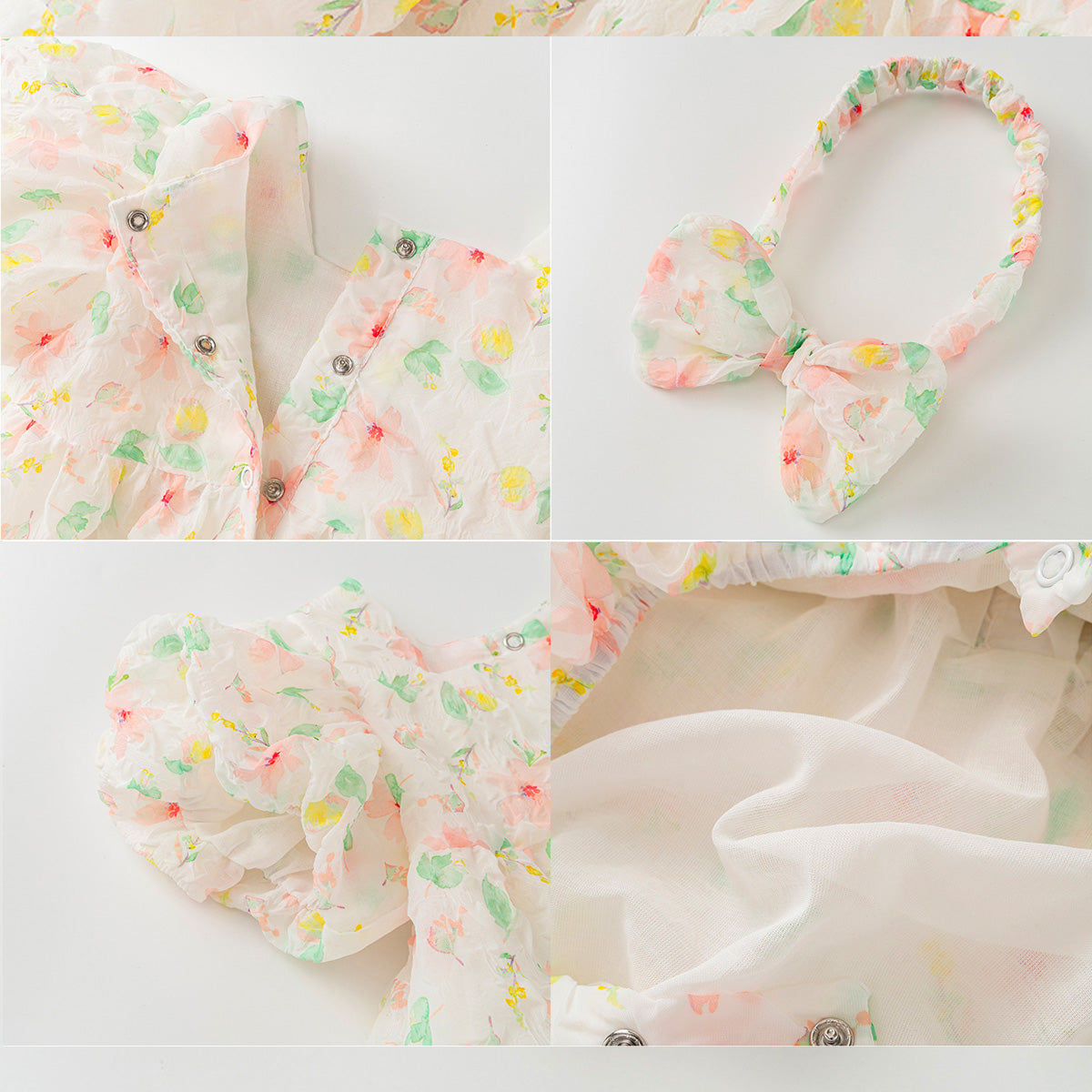 Baby Infant Girls Puff Sleeves Flower Bodysuits with Headband 2PCS Set
