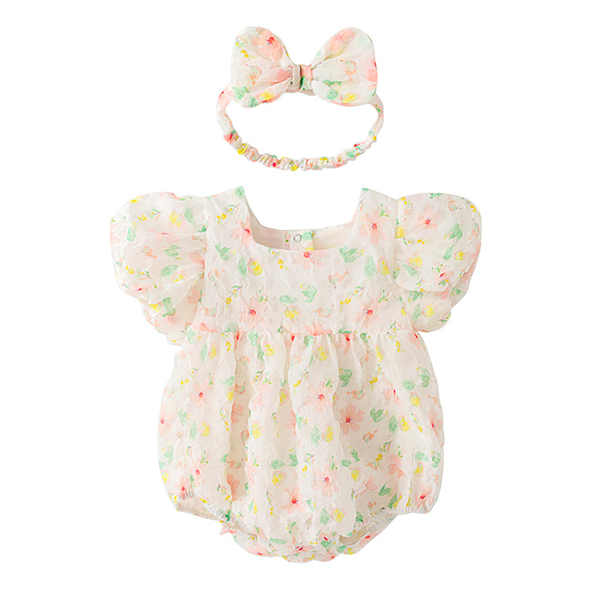 Baby Infant Girls Puff Sleeves Flower Bodysuits with Headband 2PCS Set
