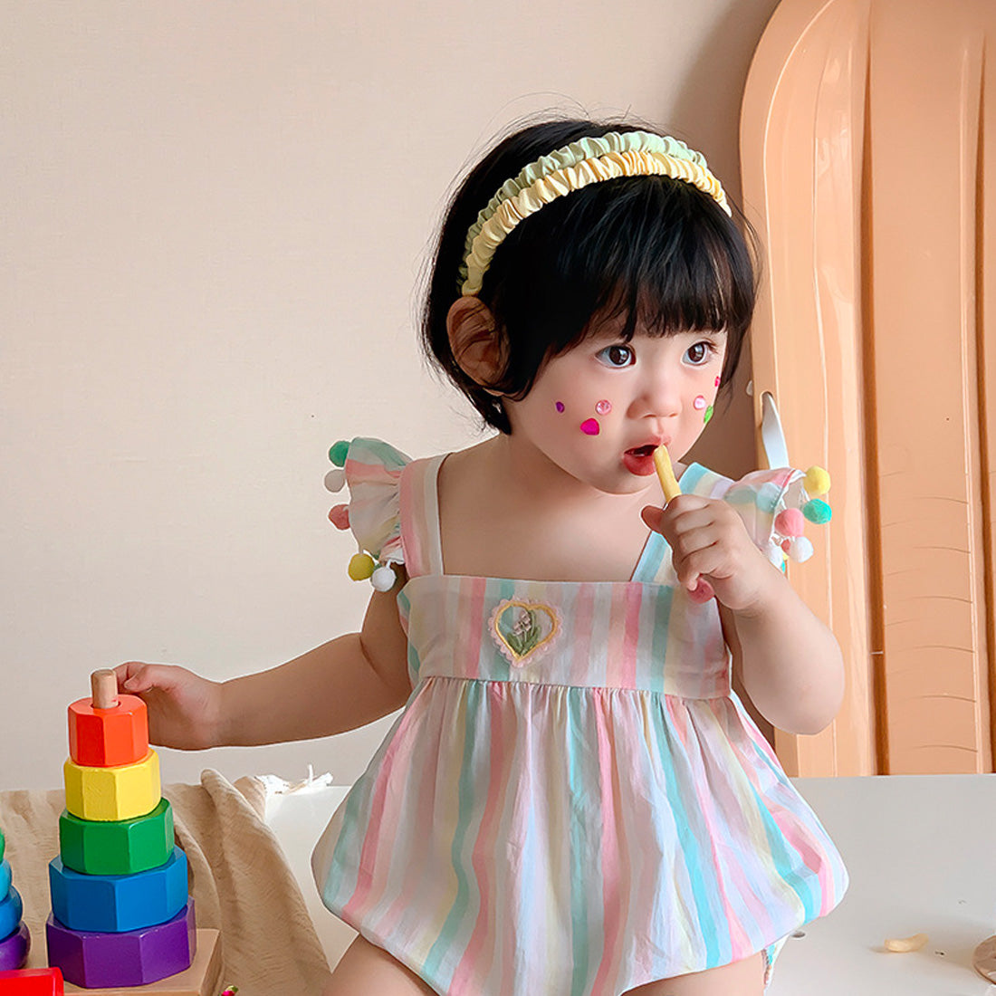 Baby Girls Summer Cotton Rainbow Bodysuit Infant Pompon Flutter Sleeves Romper