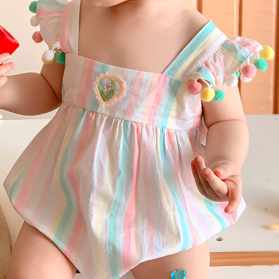 Baby Girls Summer Cotton Rainbow Bodysuit Infant Pompon Flutter Sleeves Romper