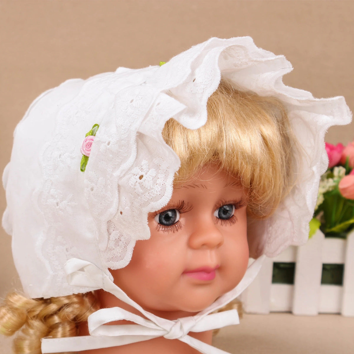 Baby Girls Cotton Cap Double Brimmed Eyelet Lace Bonnet with Flowers