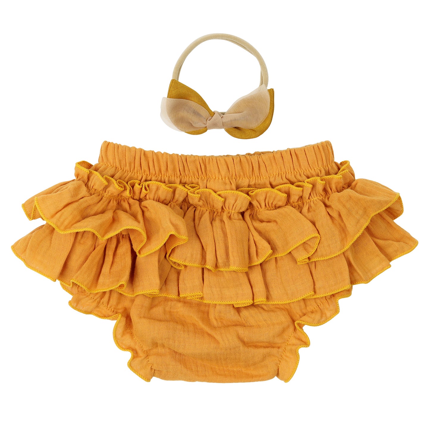 Baby Girls Cotton Gauze Ruffle Bloomer Shorts with Bowknot Headband