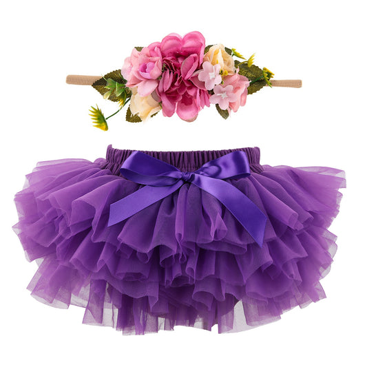 Baby Girls Super Soft Fluffy Purple Tutu Skirt and Headband Set with Diaper Cover