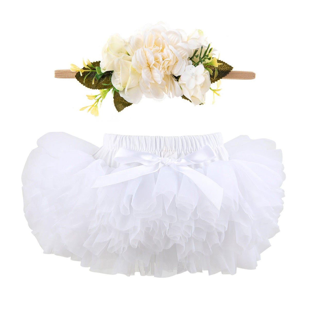 Baby Girls Super Soft Fluffy White Tutu Skirt and Headband Set with Diaper Cover