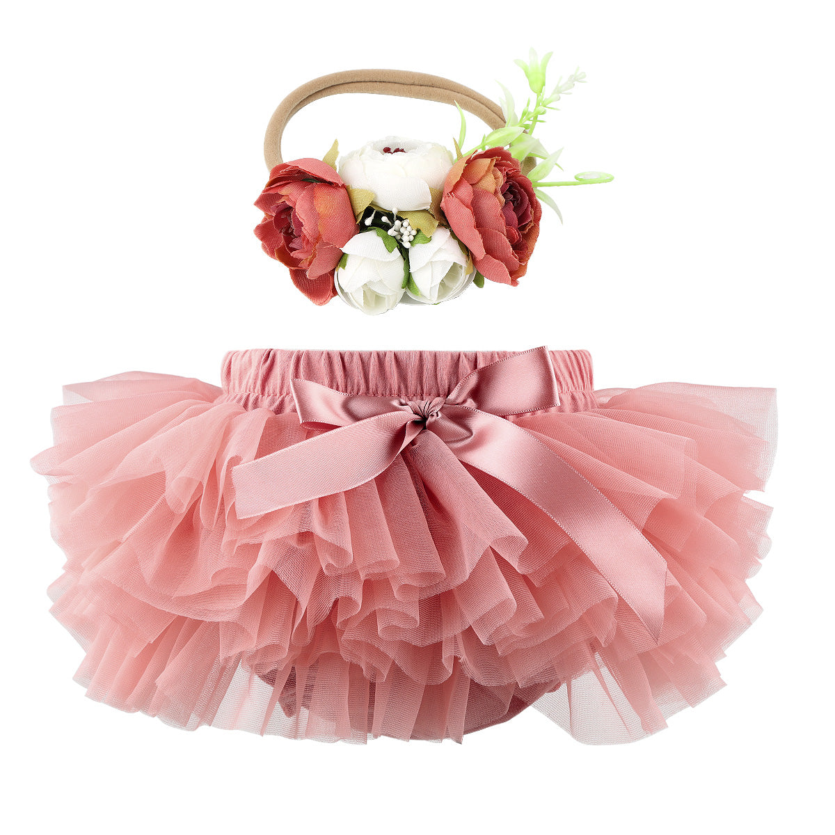 Baby Girls Super Soft Fluffy Dusty Pink Tutu Skirt and Headband Set with Diaper Cover