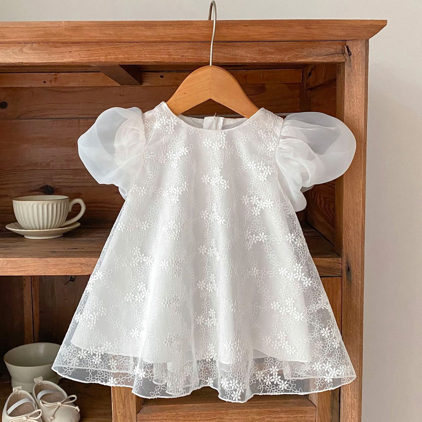 Baby Girls Bubble Short Sleeve Lace Embroider White Dress