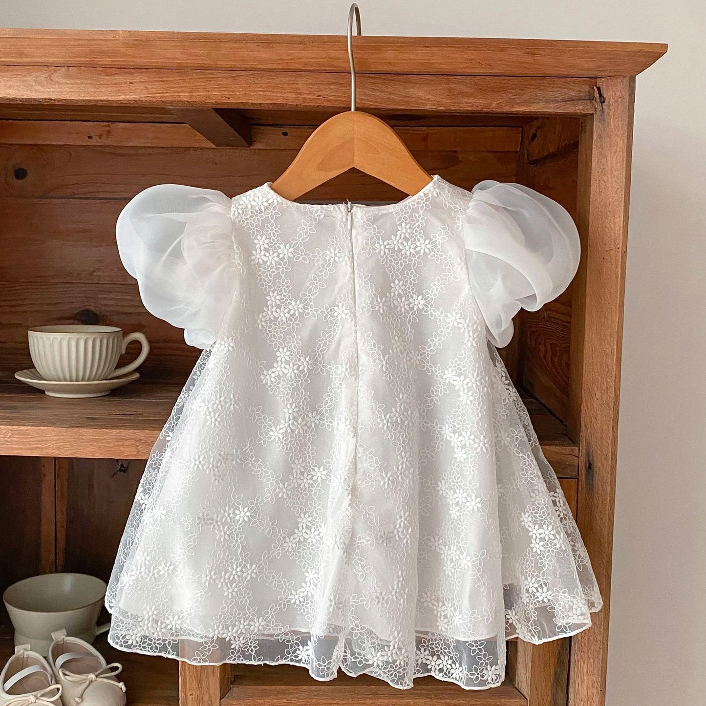 Baby Girls Bubble Short Sleeve Lace Embroider White Dress