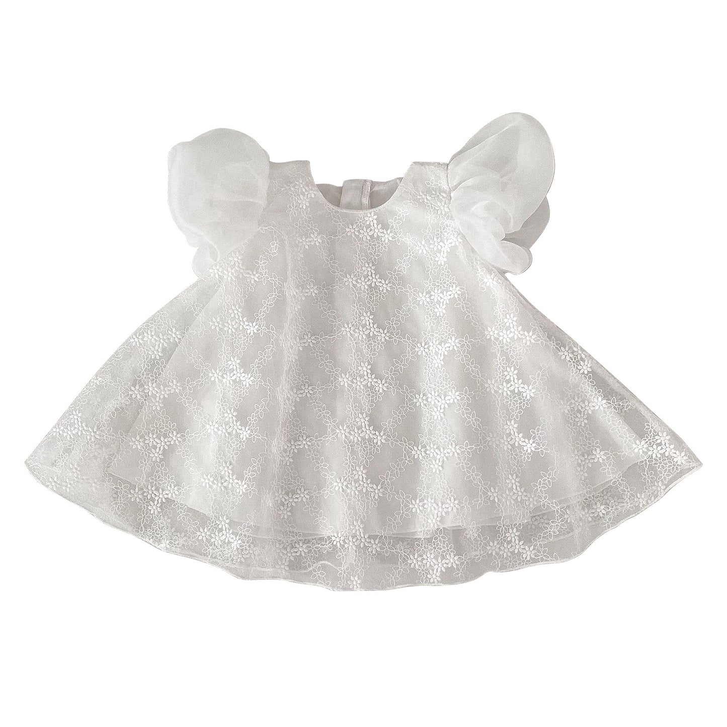 Baby Girls Bubble Short Sleeve Lace Embroider White Dress