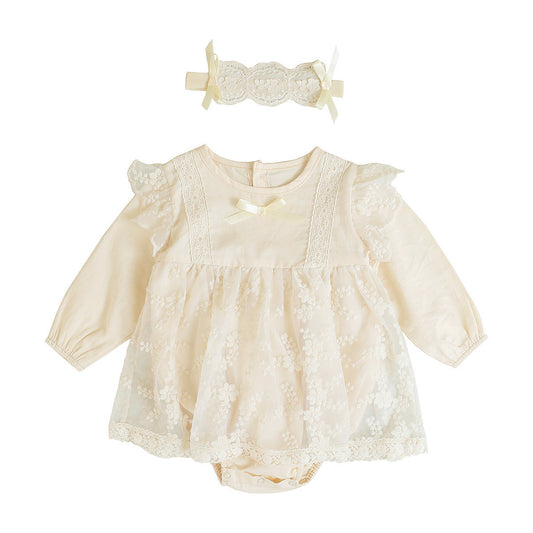 Baby Infant Girls' Lace Beige Bodysuits Dress with Headband