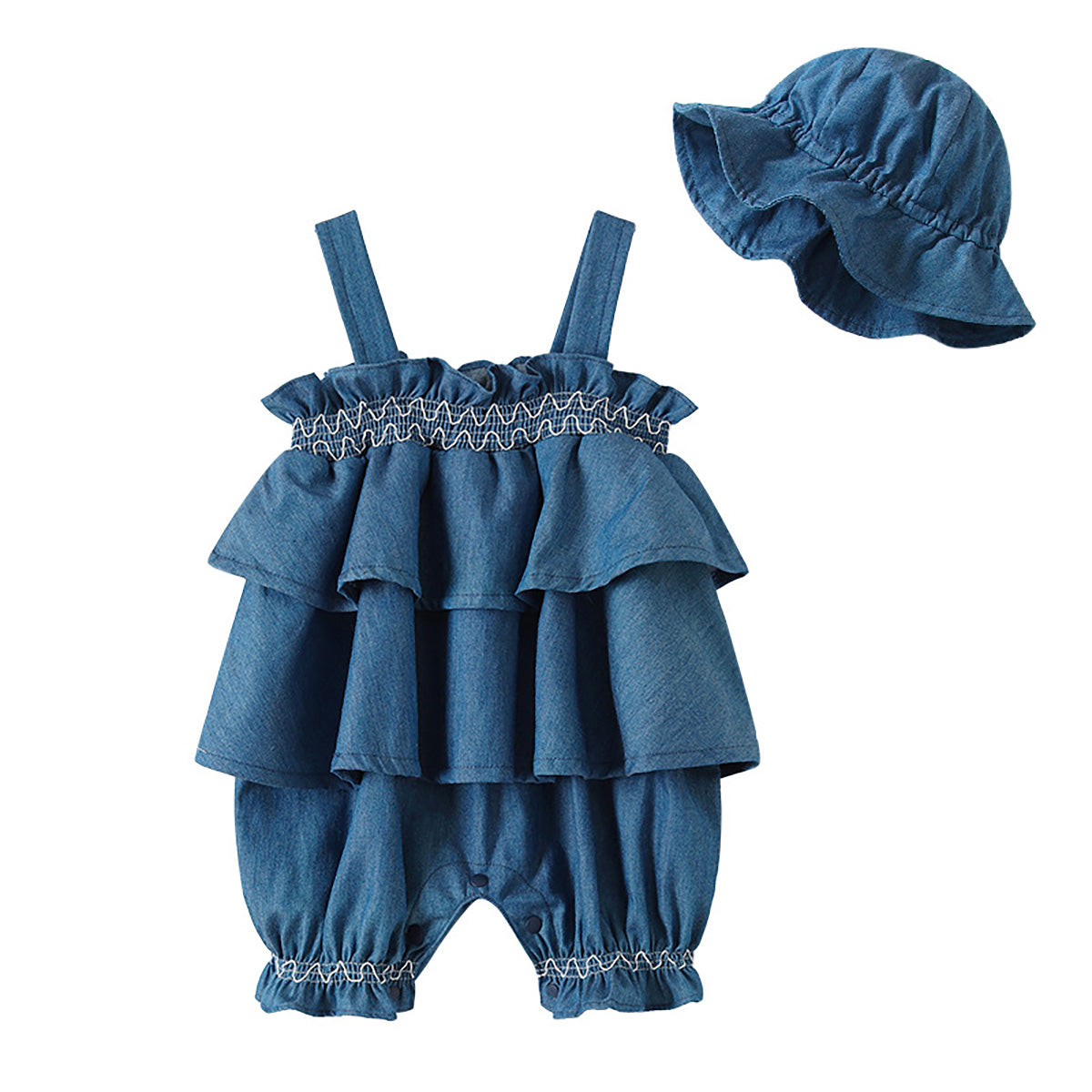 Baby Infant Girls Cotton Denim 2PCS Ruffles Slip Romper Dress and Bucket Hat Set