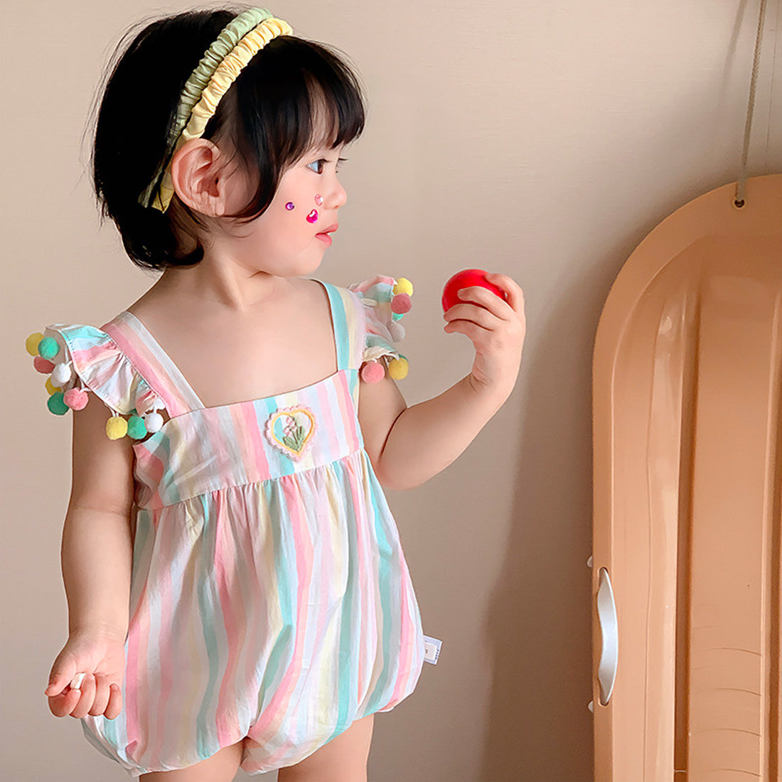 Baby Girls Summer Cotton Rainbow Bodysuit Infant Pompon Flutter Sleeves Romper
