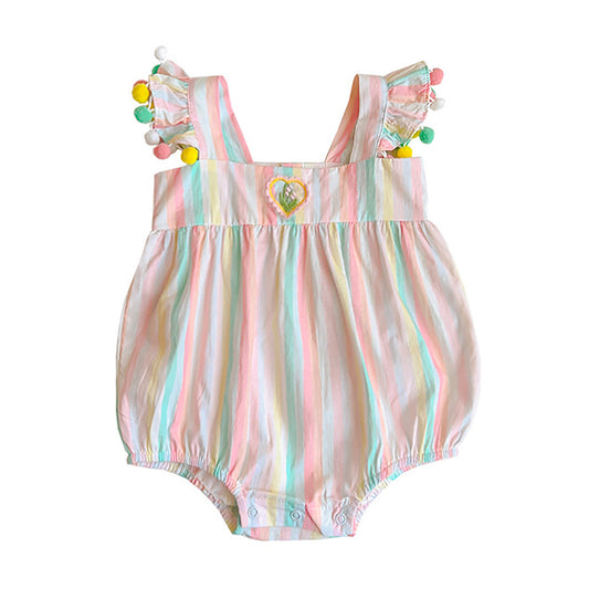 Baby Girls Summer Cotton Rainbow Bodysuit Infant Pompon Flutter Sleeves Romper