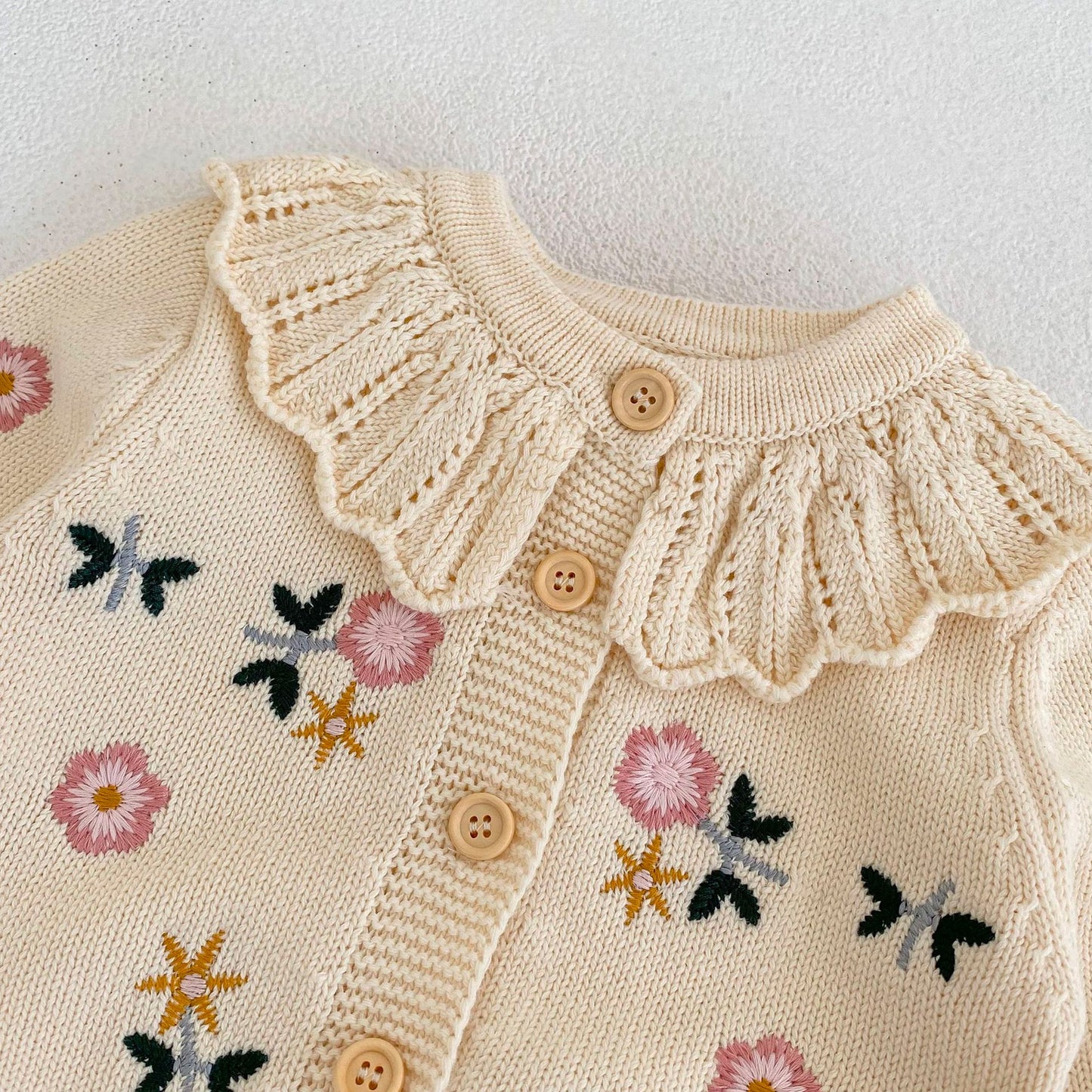 Baby Girls Flower Embroidered Lotus Leaf Collar Sweater Infant Cotton Cardigan