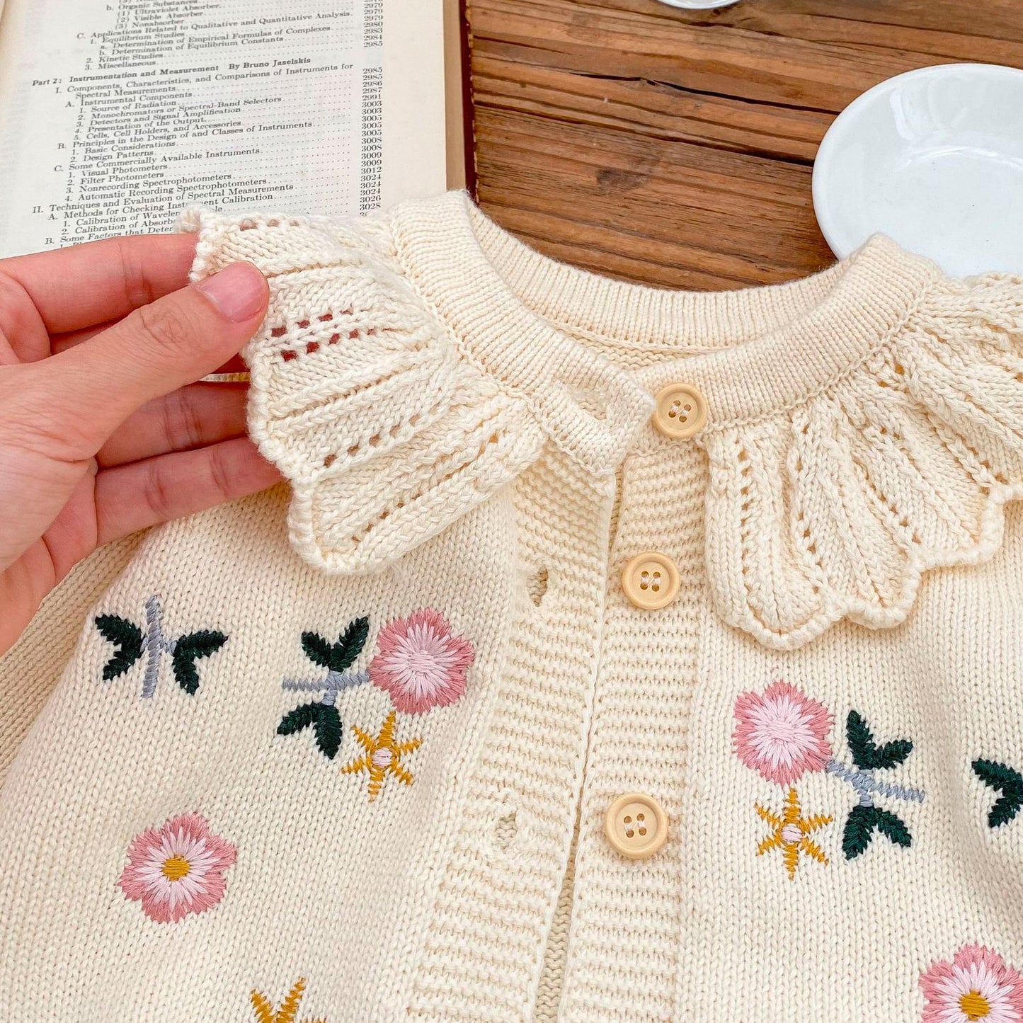 Baby Girls Flower Embroidered Lotus Leaf Collar Sweater Infant Cotton Cardigan