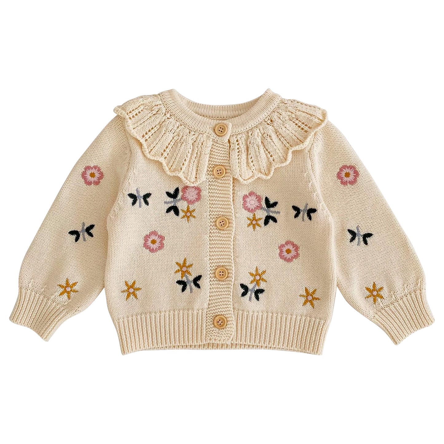 Baby Girls Flower Embroidered Lotus Leaf Collar Sweater Infant Cotton Cardigan