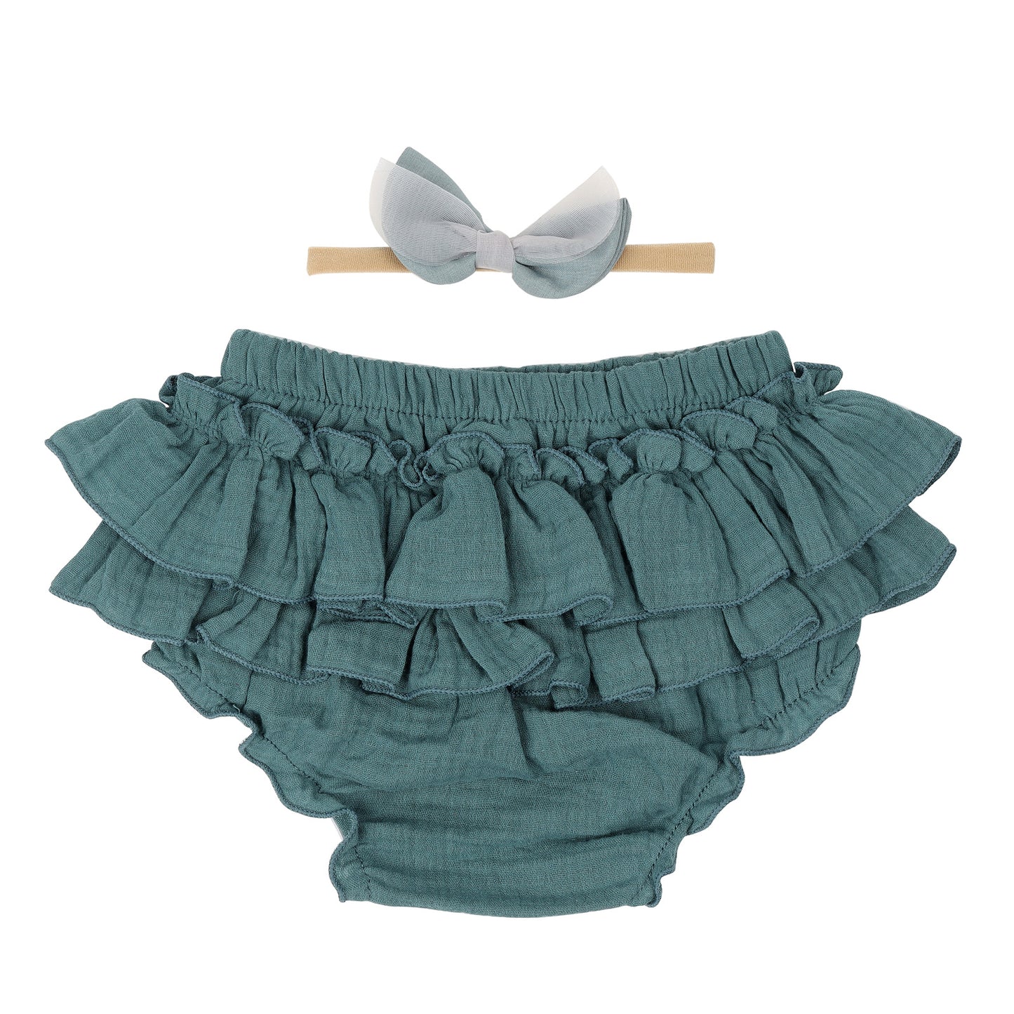 Baby Girls Cotton Gauze Ruffle Bloomer Shorts with Bowknot Headband