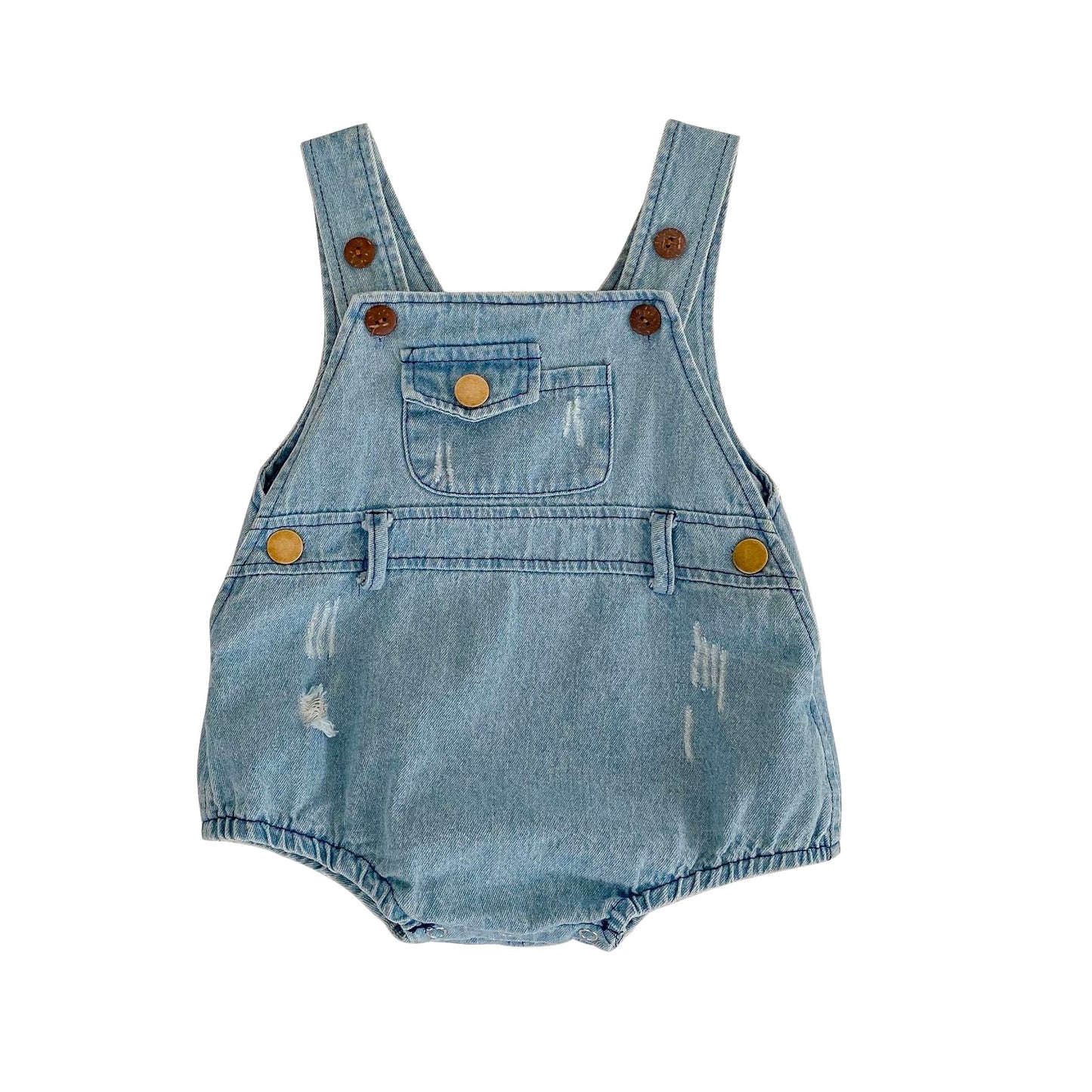 Baby Boy or Girl Scratch Denim Straps Bodysuit Infant Cotton Jeans Romper with Pocket